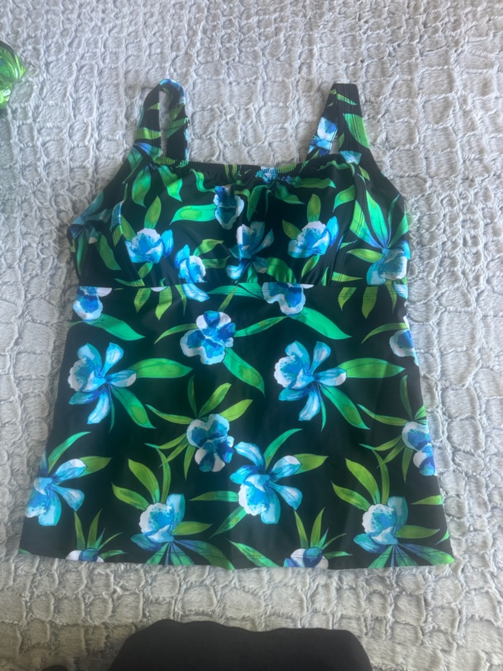 Floral dummer or Tankini Top in Black with Blue & Green Print